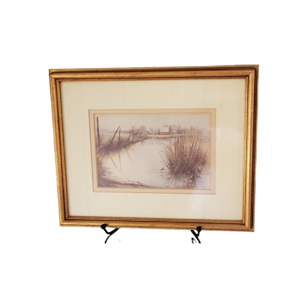 Ben Hampton 1973 Red Barn and Pond Rustic Farmhouse Style Landscape Signed Print